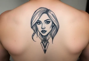 I want a portrait of Ryan Ashelys (the female tattoo artist) face in line work style black. Geometric  with the middle bottom going down to a point towards my middle finger tattoo idea