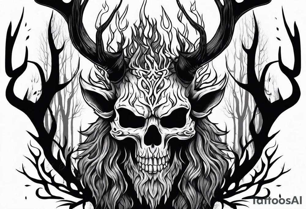 A wendigo with a skull head with flames behind in a forest tattoo idea