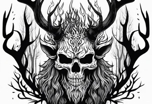 A wendigo with a skull head with flames behind in a forest tattoo idea