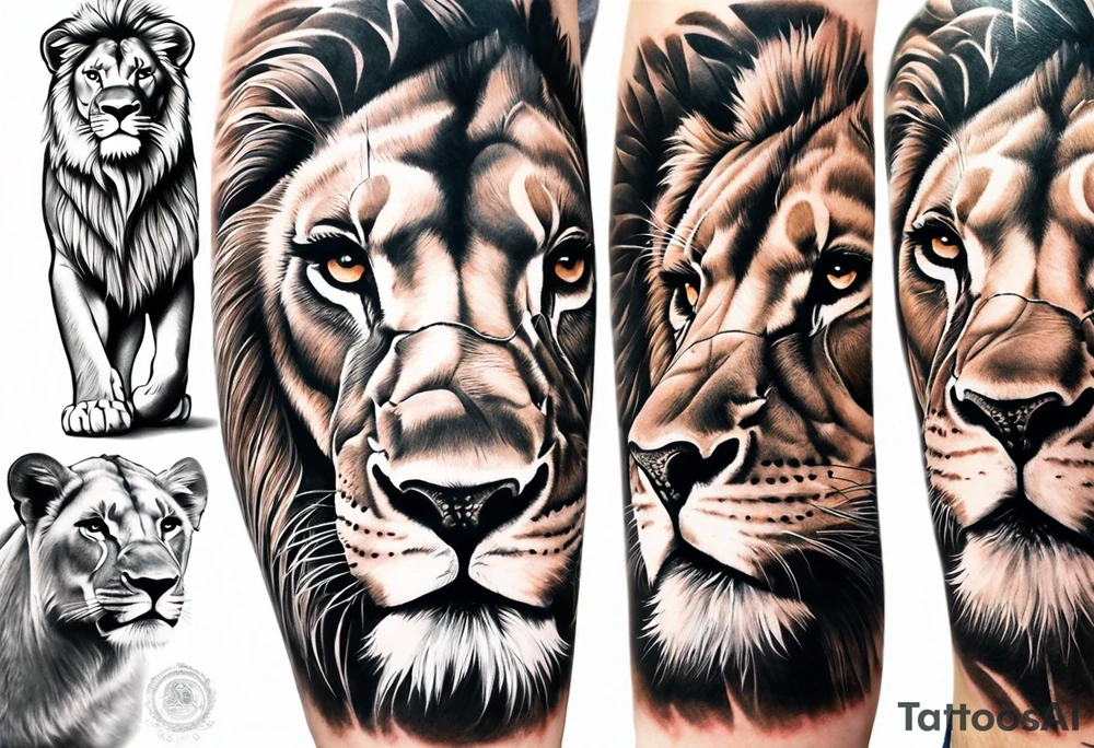 Full sleeve tattoo depicting a large lion protecting his lioness and 6 lion cubs. Background should depict a safari scene tattoo idea
