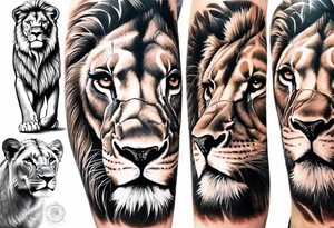 Full sleeve tattoo depicting a large lion protecting his lioness and 6 lion cubs. Background should depict a safari scene tattoo idea