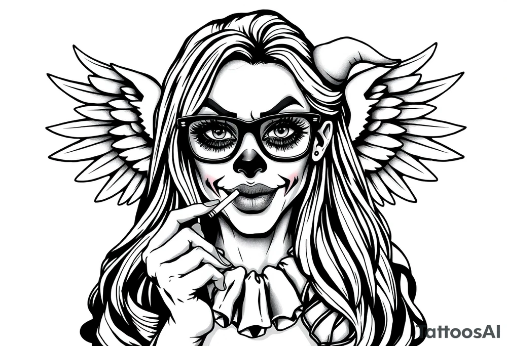 beautiful long hair Clown Girl thug eyeglasses angel wings smoking cigarette tattoo idea