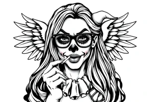 beautiful long hair Clown Girl thug eyeglasses angel wings smoking cigarette tattoo idea