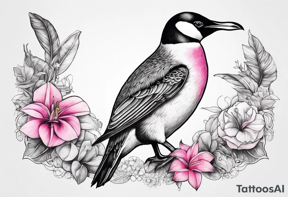 Penguin standing with pink flamingo and hummingbird tattoo idea