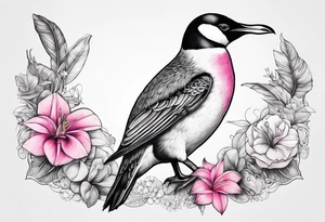 Penguin standing with pink flamingo and hummingbird tattoo idea