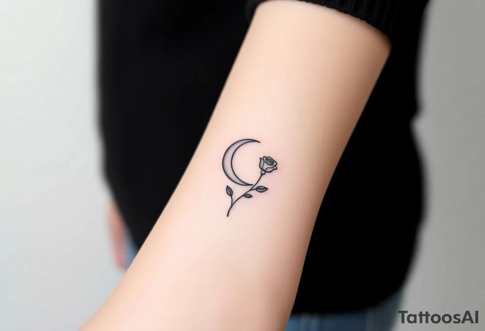 Small black and white tattoo waning crescent moon with small rose birth flower AND tiny Gemini gliph tattoo idea