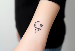 Small black and white tattoo waning crescent moon with small rose birth flower AND tiny Gemini gliph tattoo idea