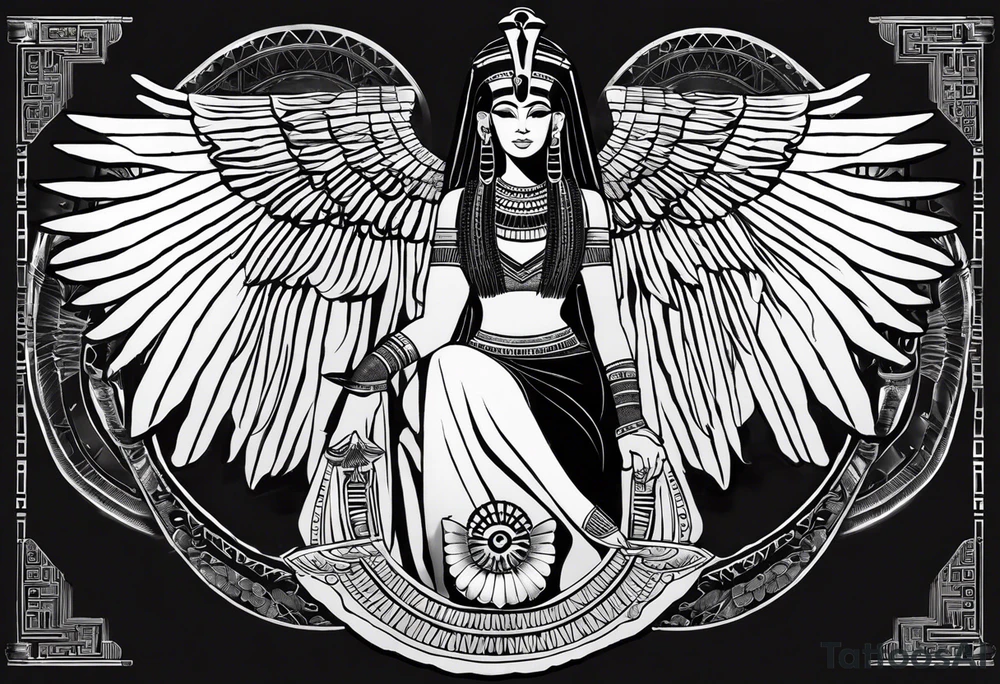 black and white Egyptian goddess Isis, who is often depicted as a woman with outstretched wings, holding an ankh (a symbol of life) in one hand and a lotus flower in the other. Her headdress often includes a throne or a solar disk. The tattoo design can vary in style and size, but it typically aims to capture the essence of this revered Egyptian deity, emphasizing her beauty, power, and maternal qualities. The choice of colors and additional elements can also be customized to create a unique and visually striking representation of the goddess Isis tattoo idea