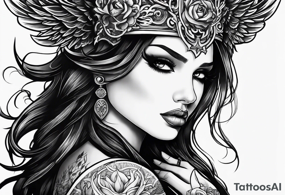 Emo goth feminine sexy demon and angel women tattoo idea