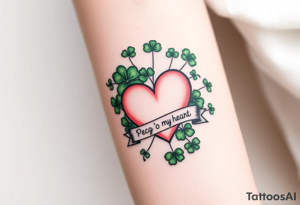 A ton of green shamrocks together with a big pale pink heart with a banner across the heart that says Peg 'o My Heart tattoo idea