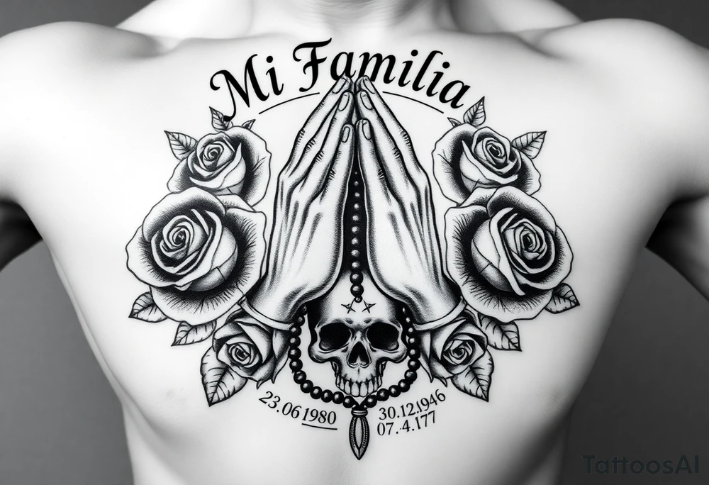 Black and grey gang style tattoo design. Centered praying hands with a rosary, surrounded by three realistic roses. Above the hands, gothic text saying 'Mi Familia'. Below each rose, a date in this order: '23.06.1980', '30.12.1946', '07.04.1979'. Add a crowned skull subtly in the background, symbolizing loyalty after death. Chicano tattoo style, fine shading, no color tattoo idea