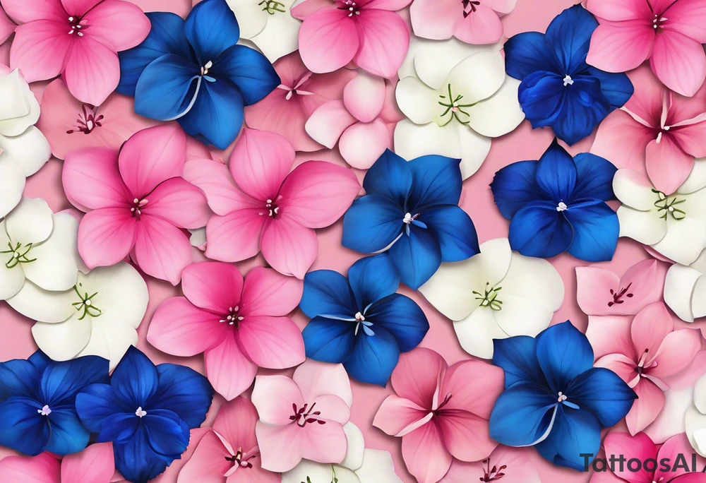 based on my wedding flowers for my wrist:Light pink hydrangea petals, white hydrangea petals, deep blue hydrangea petals, hot pink hydrangea petals, baby pink roses, hot pink roses, light pink stargazer lilies. With some purpley/bluey delphinium petals and tiny white and light pink flowers. With leaves weaving between them all and festoon and fairy lights around the outside, giving the flowers a glow. tattoo idea