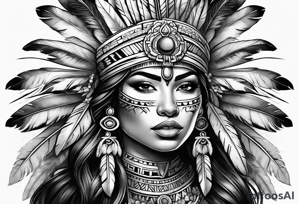 Aztec princess with roses and feathers tattoo idea