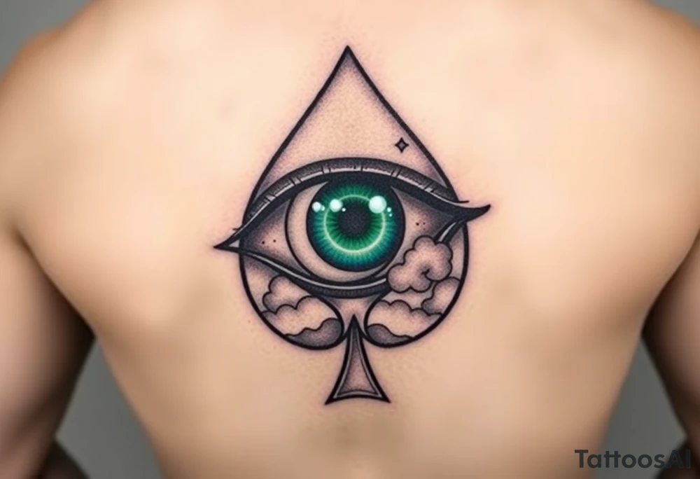 Large outline of an eye almond shaped with the eyeball part shaped like an ace of spades + eyecolor greenish blue with a crescent moon stars and clouds inside of the spade eyeball using vivid colora like green purple and blue tattoo idea