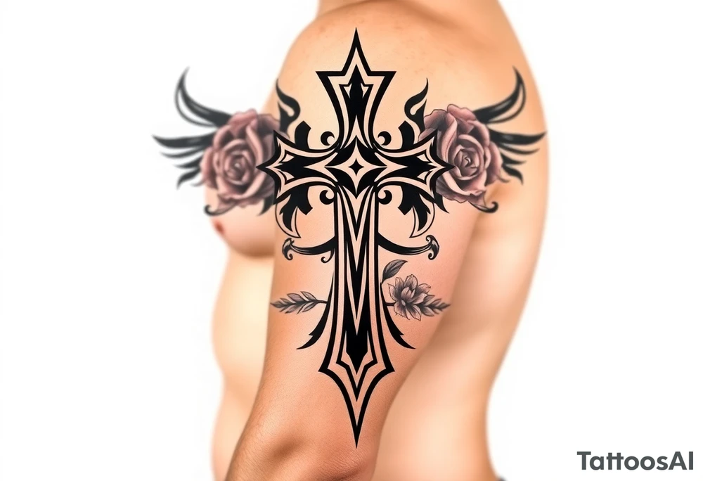 a cross with roses tattoo idea