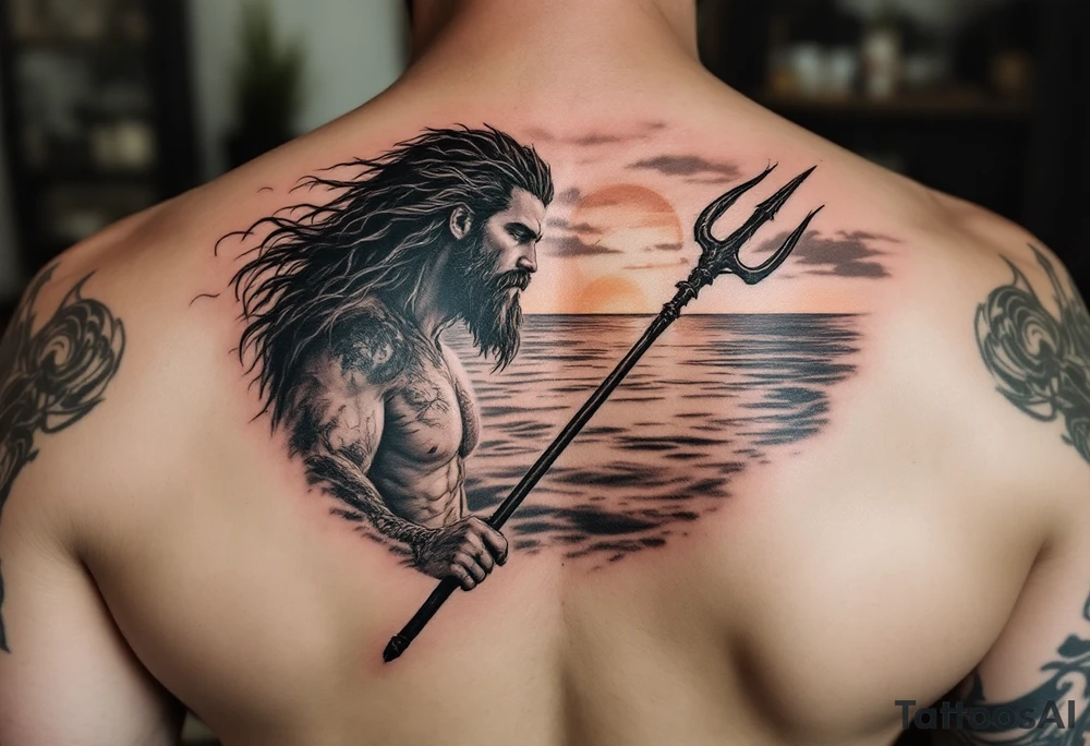 Poseidon half way under calm water with trident at sunset tattoo idea