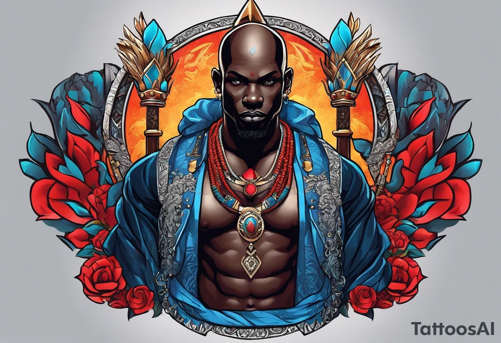 An african god, a bald black-skinned warrior, that uses a sword and a silver crown. He also uses blue and red necklaces tattoo idea