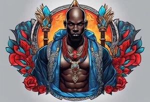 An african god, a bald black-skinned warrior, that uses a sword and a silver crown. He also uses blue and red necklaces tattoo idea