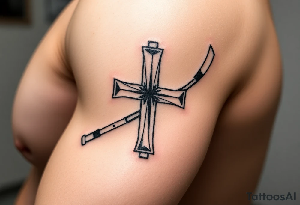 Realistic hockey stick made as a cross tattoo idea
