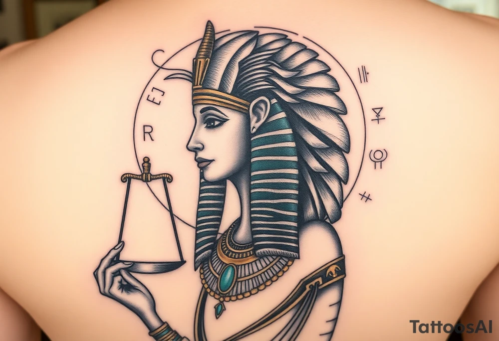 Super realistic tattoo design of the Egyptian goddess Ma’at, depicted as a serene and regal woman with an elegant ostrich feather on her head symbolizing truth and balance, wearing traditional ancient Egyptian attire with intricate gold and turquoise jewelry, holding scales of justice in one hand. The design features detailed facial features with soft natural lighting, realistic skin texture, and subtle shading to emphasize depth and dimension. Background elements include faint hieroglyphics and cosmic symbols representing order and harmony. Style: hyper-realistic, high detail, focused on symbolism and spiritual essence, suitable for upper arm or chest tattoo. tattoo idea