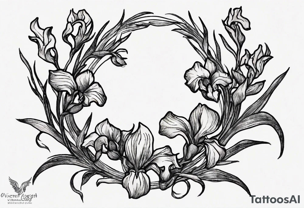 Create a small Vincent van Gogh Irises tattoo. The tattoo should take the form of a crescent, with vines gracefully intertwining at a central point in the middle of the wreath with a bird. Ensure that the design avoids the appearance of a bush and maintains a more structured and deliberate arrangement. The intended placement is on the upper chest. The overall design should be small in size while maintaining a delicate and artistic aesthetic. Pay attention to the graceful flow of the vines and the placement of the irises to achieve a refined and elegant look. tattoo idea