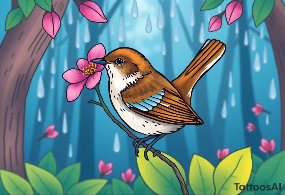 forest background
blue rain drops
pink camelia flower
blue and brown wren bird tattoo idea