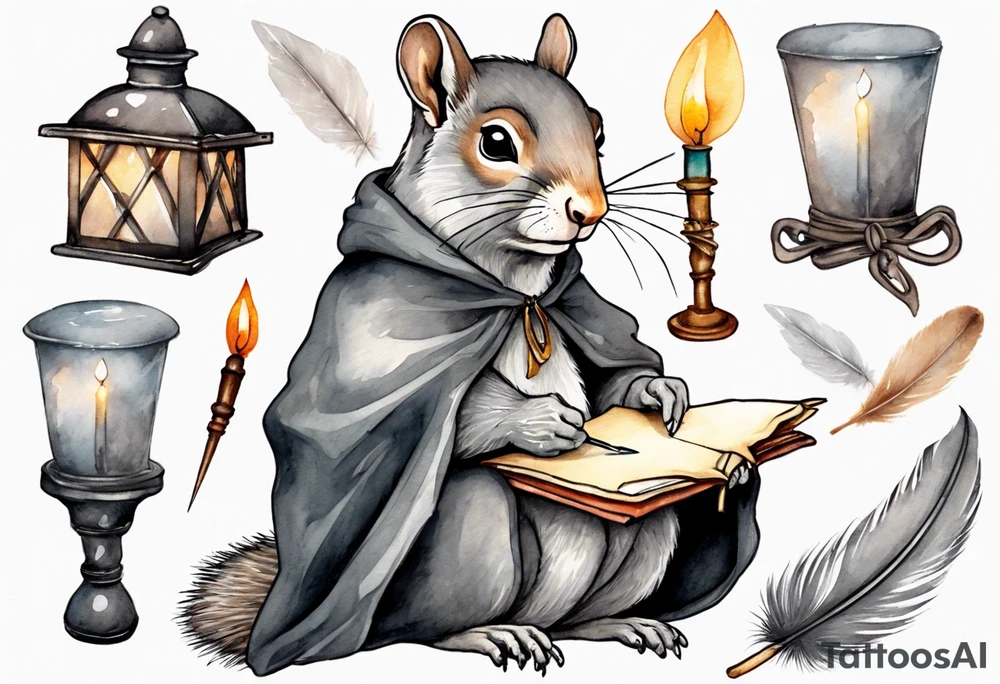 an elderly grey squirrel with a beard dressed in a grey cloak sitting in the dark holding a feather quill writing a letter by candlelight tattoo idea