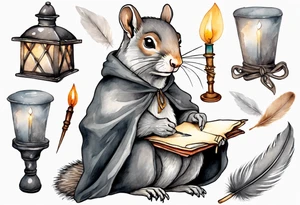 an elderly grey squirrel with a beard dressed in a grey cloak sitting in the dark holding a feather quill writing a letter by candlelight tattoo idea