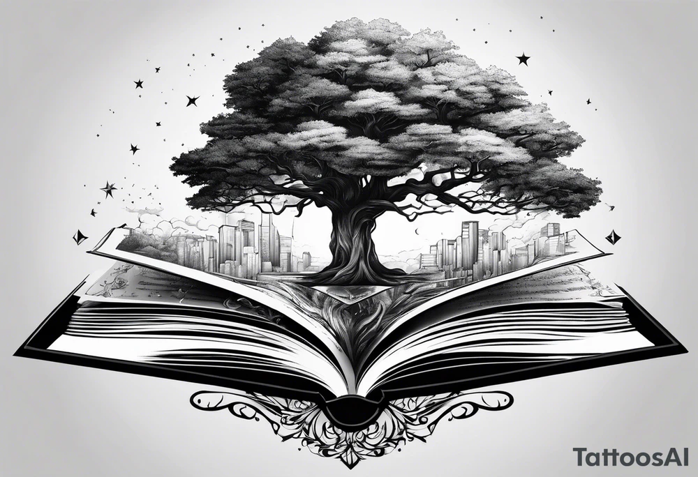 tree growing from book triangle portals floating above it tattoo idea tree growing from book triangle portals floating above it tattoo idea
