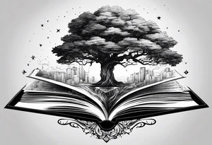 tree growing from book  triangle portals floating above it tattoo idea