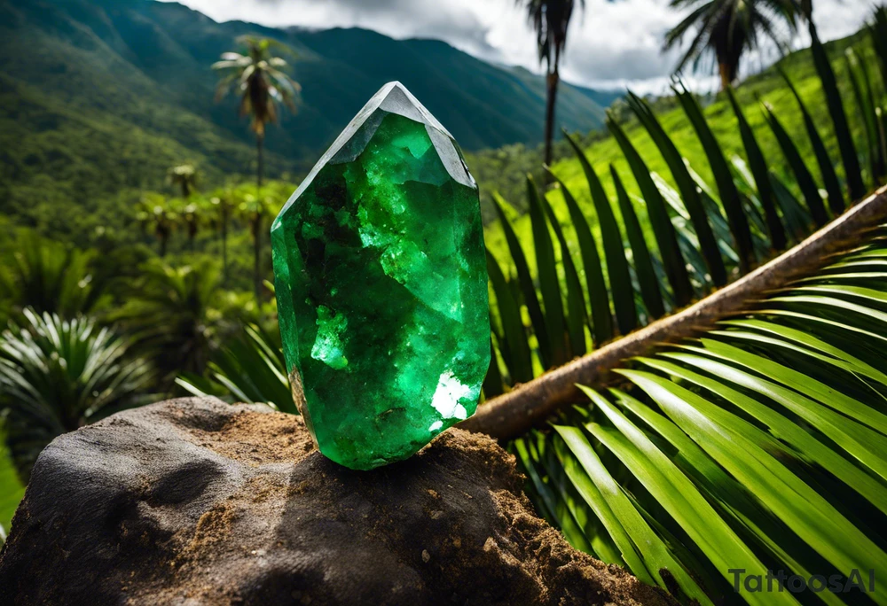 A striking Gachala emerald sits at the base of a tall quindio wax palm, which grows resiliently from cracks in rugged, rocky soil. The emerald is the main focal point, symbolizing strength and endurance, while the wax palm, rooted in the soil’s crevices, represents growth and resilience. A small water stream flows gently from the rocks, adding an element of life and nourishment. tattoo idea