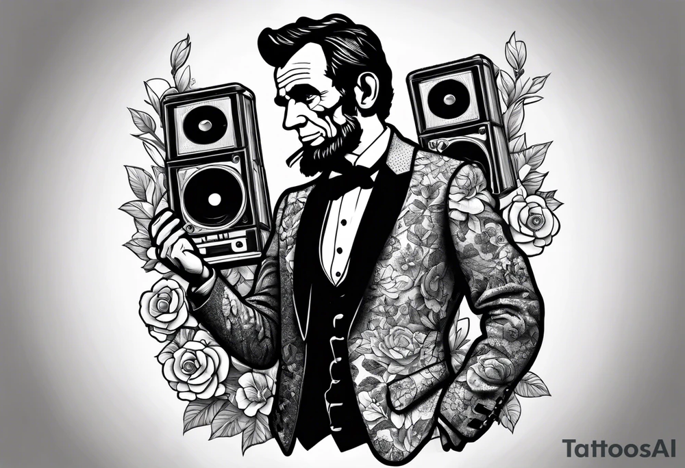 Abraham Lincoln in a flowered suit jacket holding a 90s boombox on his shoulder jamming out tattoo idea