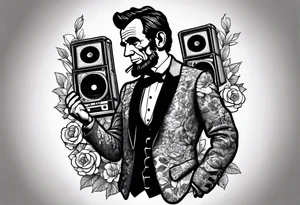 Abraham Lincoln in a flowered suit jacket holding a 90s boombox on his shoulder jamming out tattoo idea