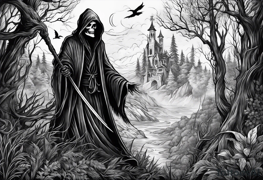 grim reaper forest tattoo idea