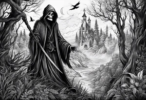 grim reaper forest tattoo idea