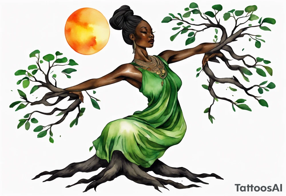 a tree trunk with roots that is a black woman from the waist up, feet made of tree roots, wearing a green tunic, arms stretched upwards towards a blazing sun tattoo idea