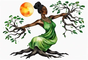 a tree trunk with roots that is a black woman from the waist up, feet made of tree roots, wearing a green tunic, arms stretched upwards towards a blazing sun tattoo idea