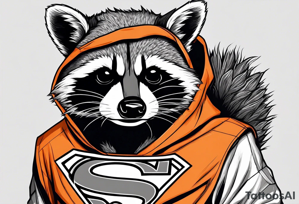 Raccoon wearing an orange Superman hoodie tattoo idea