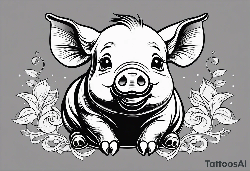 very cute chubby happy piglet.
outline only.
black and white only.
only show the piglet. no extra lines or decoration.
no black shading.
dont make the ears too big.
draw very thin lines tattoo idea