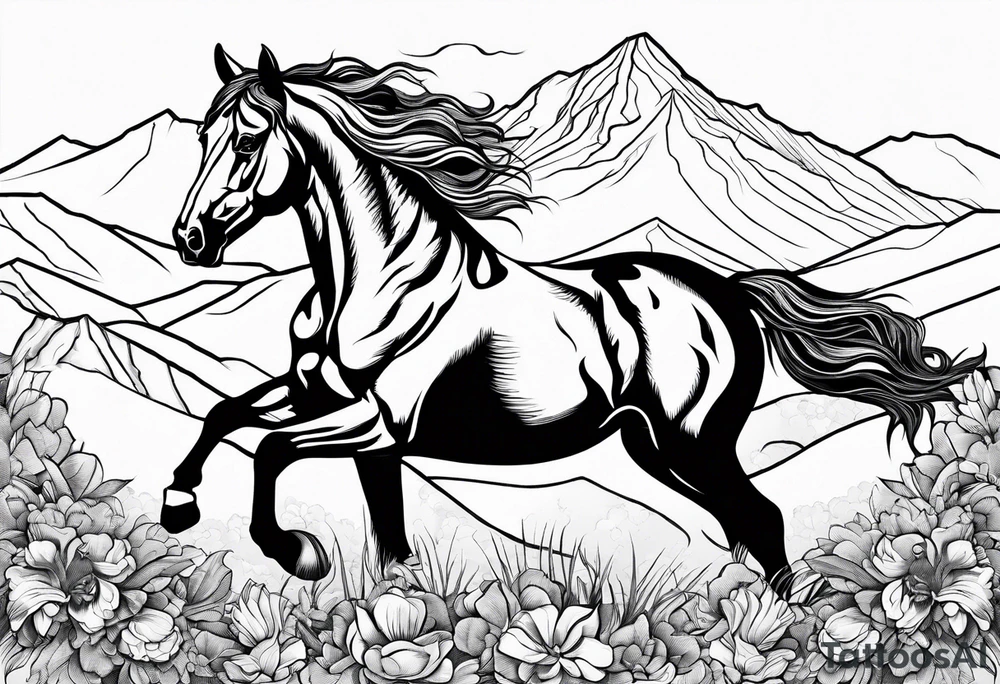 bucking horse, mountains background, flowers, western tattoo idea