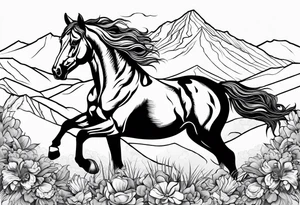 bucking horse, mountains background, flowers, western tattoo idea