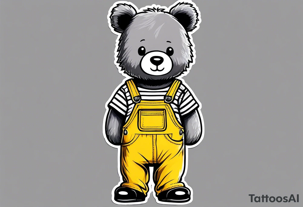 the back image of a grey teddy bear standing in yellow overalls, white tank top, striped boots and holding his left arm up to hold a hand tattoo idea