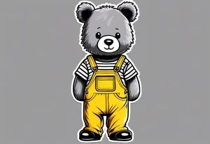 the back image of a grey teddy bear standing in yellow overalls, white tank top, striped boots and holding his left arm up to hold a hand tattoo idea
