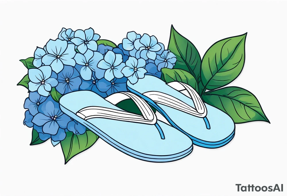 small tattoo of a pastel blue flip flop surrounded by blue and periwinkle hydrangea flowers with green leaves tattoo idea