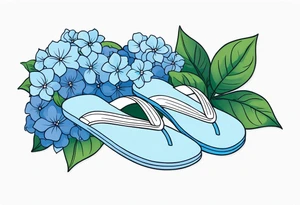 small tattoo of a pastel blue flip flop surrounded by blue and periwinkle hydrangea flowers with green leaves tattoo idea