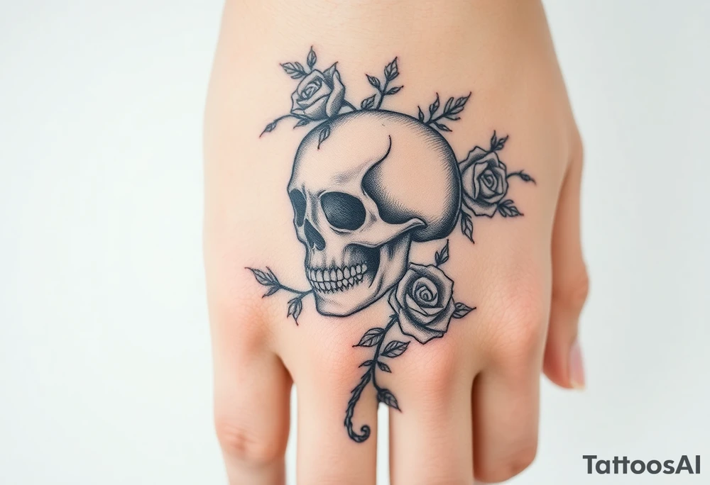gothic skull intertwined with climbing roses and thorny vines tattoo idea