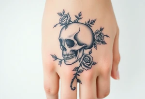 gothic skull intertwined with climbing roses and thorny vines tattoo idea