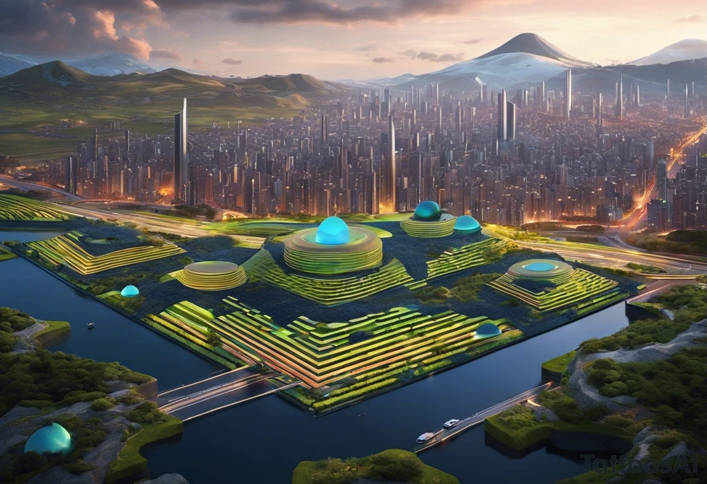 Crea ideograma que incorpore los siguientes elementos: líneas intrincadas y patrones geométricos abstractos, junto con un diseño futurista de ciudad, un paisaje post-apocalíptico, y las manos inspiradas en la "Creación de Adán". tattoo idea