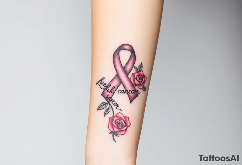 Pretty gray and pink Cancer ribbon that says "fuck cancer"with roses tattoo idea
