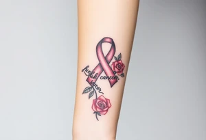 Pretty gray and pink Cancer ribbon that says "fuck cancer"with roses tattoo idea
